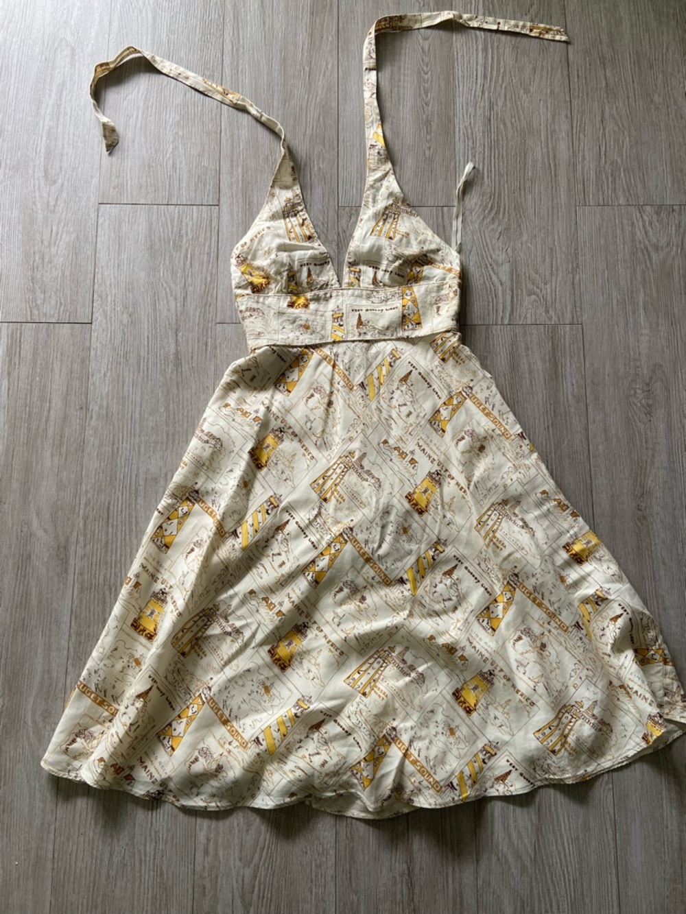 Vintage j crew Cream and Yellow lighthouse Printed Halter Dress